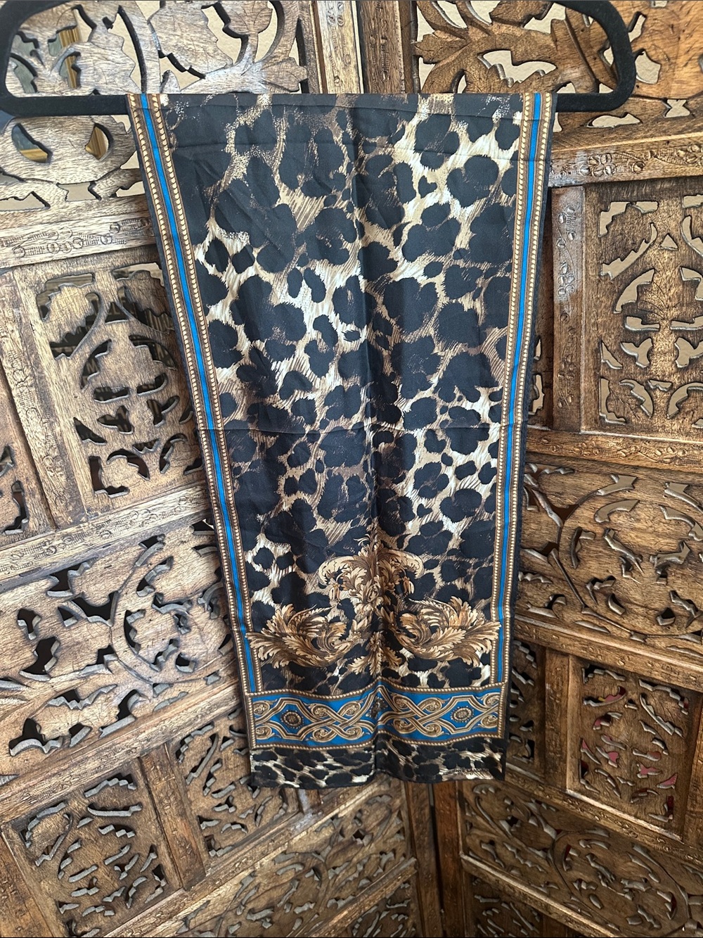 Adrienne Landau Brown and Black Leopard Print Silk Scarf with Gold Accent